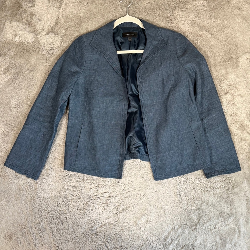 Talbots Blazer Jacket Open Front Career Office Blue‎ 100% Linen Size 4
